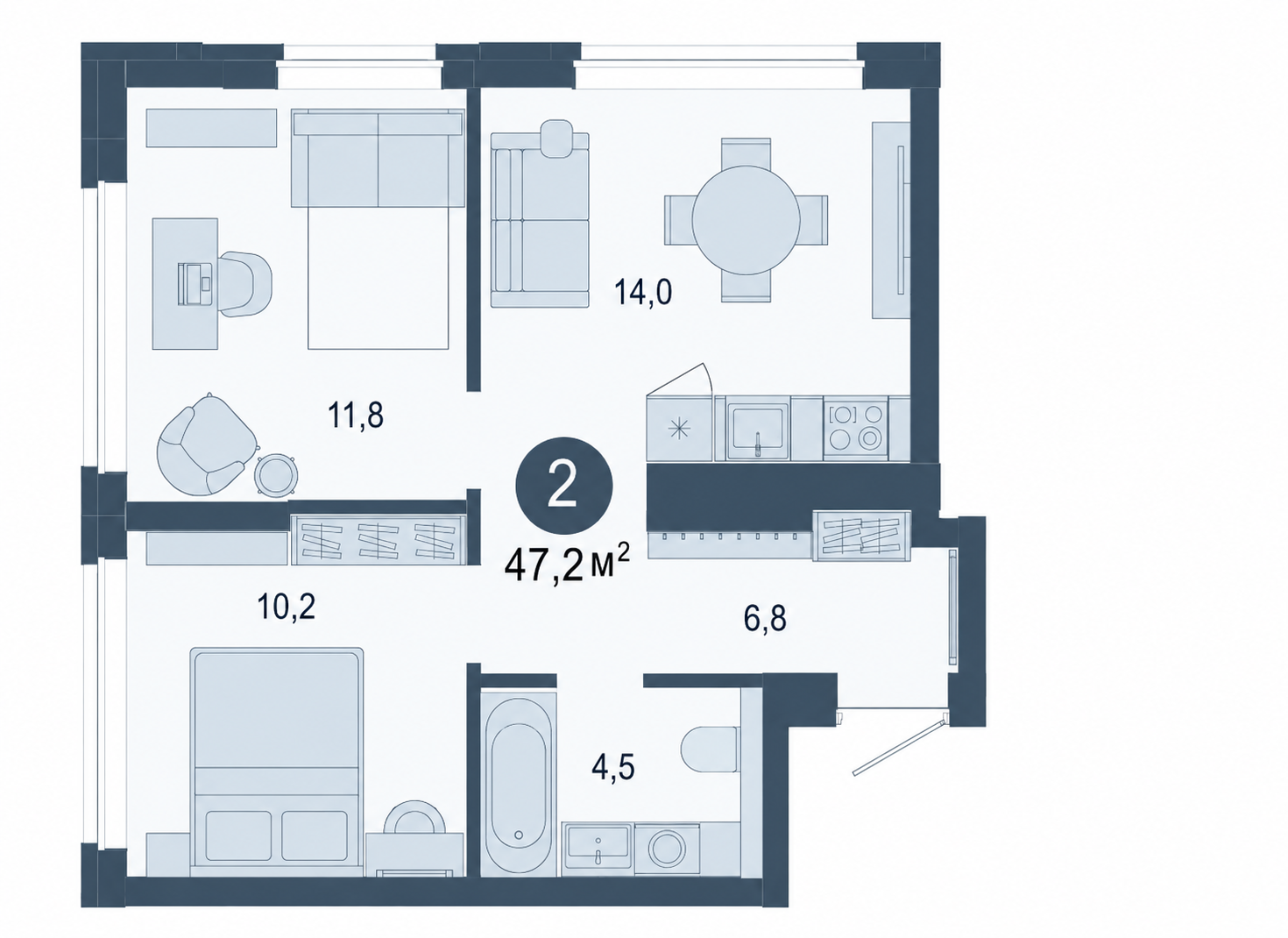 Исходная планировка квартиры площадью 47,2 м²
